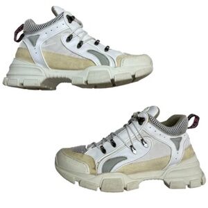 GUCCI Flashtrek Leather Mesh Sneakers Shoes Mens White 8.5 Lace Up Chunky